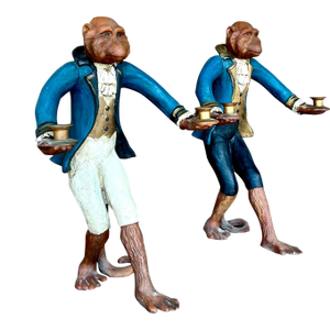 Vintage Regency Polychrome Monkey Candlesticks After Hubbe - Set of 2