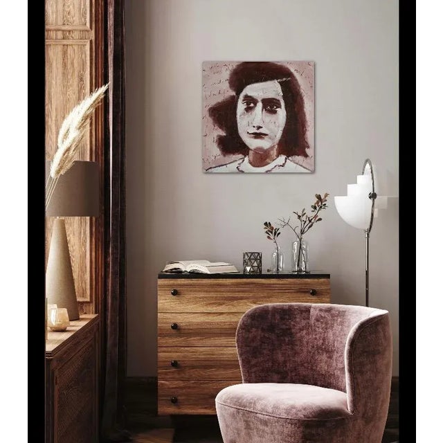 Textile Modern Portraiture Anne Frank, Sepia Portrait (24″×24″, Original Oil on Canvas) For Sale - Image 7 of 7