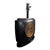 A bold vintage table lamp featuring a sculptural black body accented with a large raised gold-tone Asian-inspired...