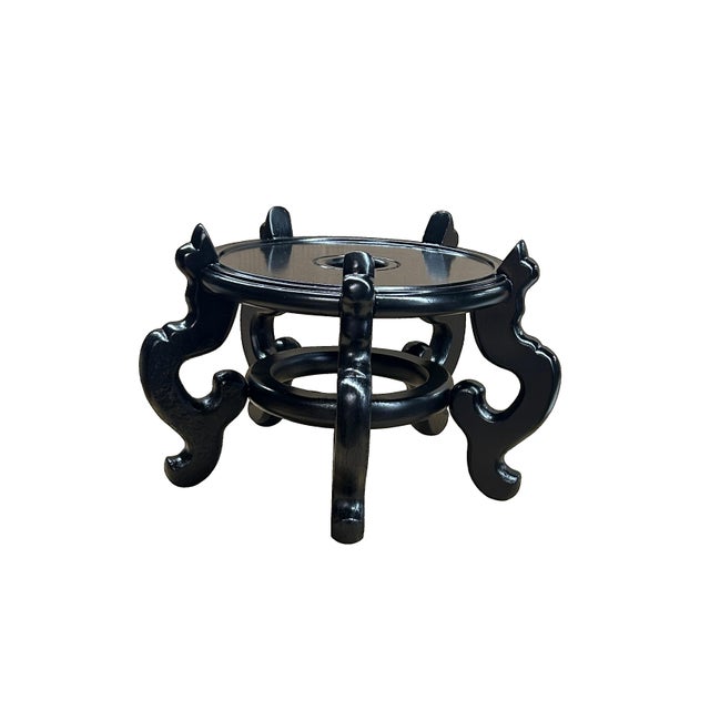 Black Lacquer 5 Curved Legs Round 10.5" Wood Plant Vase Display Stand For Sale - Image 4 of 7