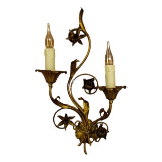 Hollywood Regency Gilt Metal Botanical Two-Light Wall Sconce, 1950s For Sale
