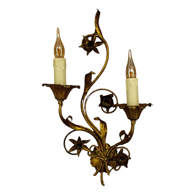 Hollywood Regency Gilt Metal Botanical Two-Light Wall Sconce, 1950s For Sale