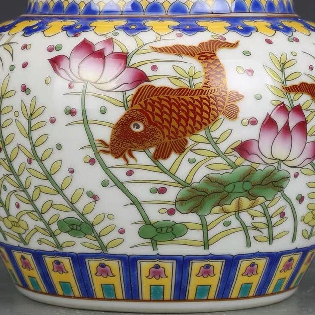 Famille Rose Porcelain Ginger Jar With Koi Fish & Lotus Motif | Chairish