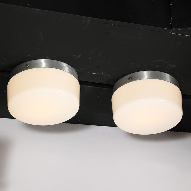 White Pair of Mid-Century Cylindrical Milk Glass Flush Mounts W/ Brushed Aluminum For Sale - Image 8 of 14