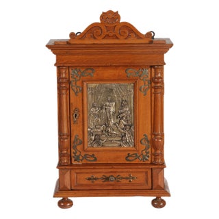 Antique Art Nouveau Hanging Cabinet Wall Cabinet Oak Brass Relief, 1900 For Sale