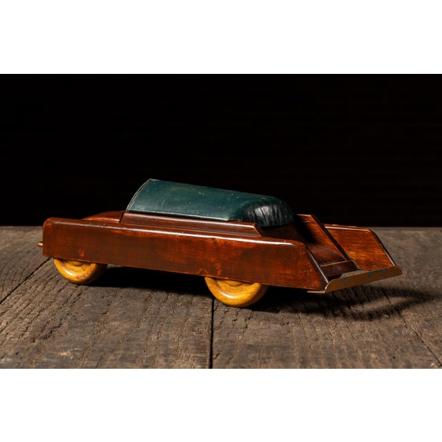 Mid 20th Century Vintage Figural Wood and Copper Roadster Tobacco Box For Sale - Image 5 of 6