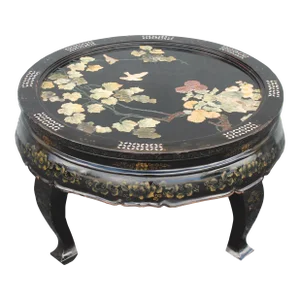 1940s Black Lacquered Asian Chinoiserie Coffee Table With Stone Detail