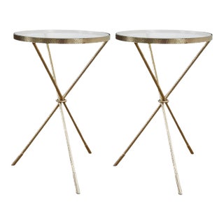 An Elegant Pair of Midcentury Italian Hand-Hammered Gilded Tripod Drinks Tables Captures the Essence of Refined European Craftsmanship. For Sale
