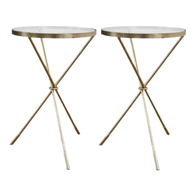 An Elegant Pair of Midcentury Italian Hand-Hammered Gilded Tripod Drinks Tables Captures the Essence of Refined European Craftsmanship. For Sale
