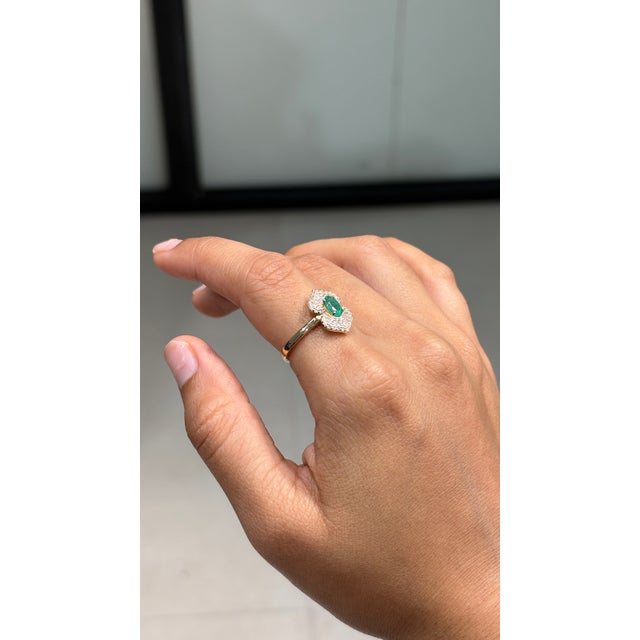 Not Yet Made - Made To Order 19th Revival Style Emerald Art Deco Ring With Cluster Diamonds Size 4 in 14k Gold For Sale - Image 5 of 17