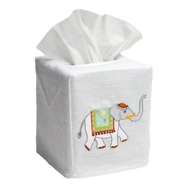 Aqua Elephant Tissue Box Cover in White Linen & Cotton, Embroidered For Sale - Image 4 of 5