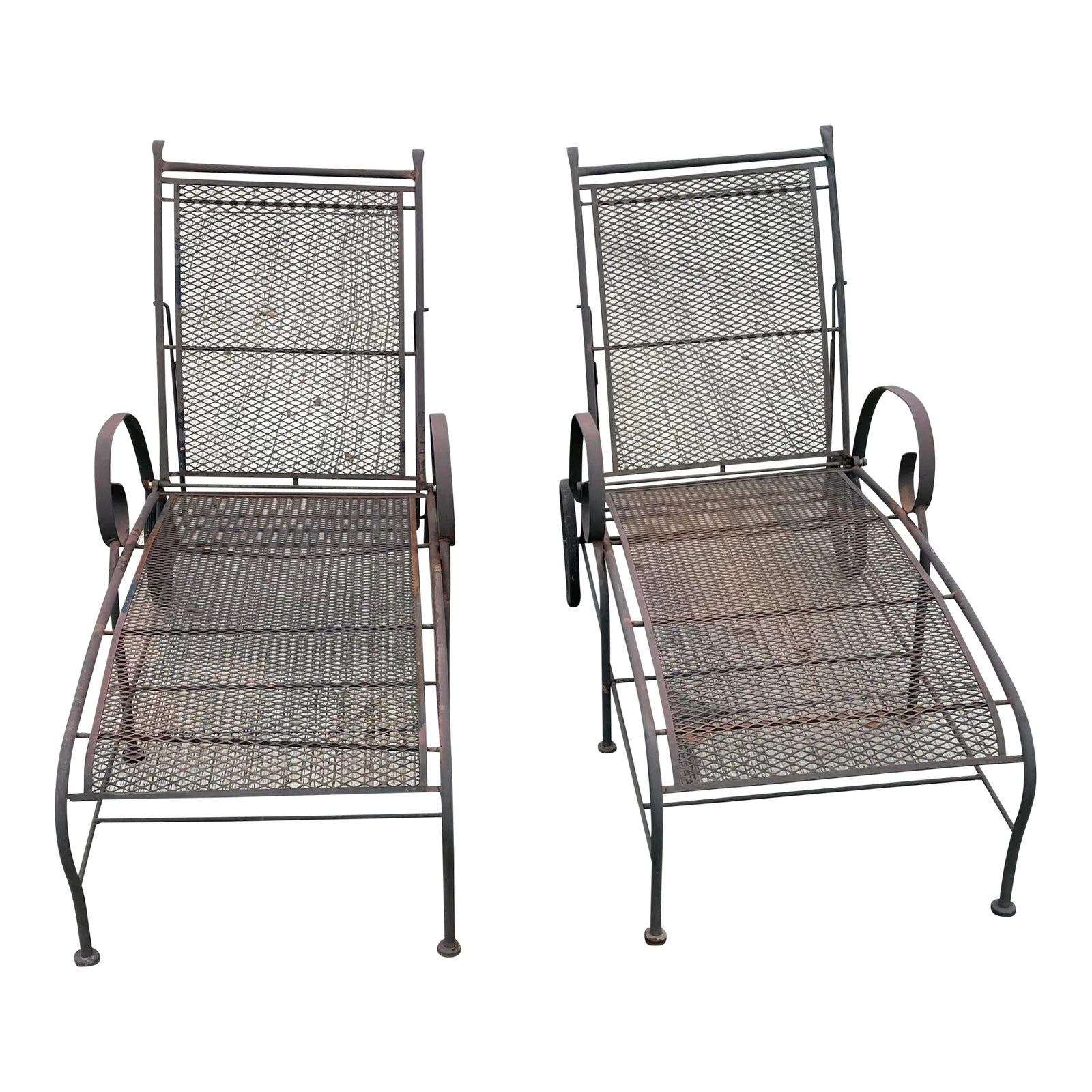 Mid Century Modern Salterini Style Iron Mesh Outdoor Chaise Lounges a