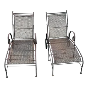 Mid Century Modern Salterini Style Iron Mesh Outdoor Chaise Lounges - a Pair
