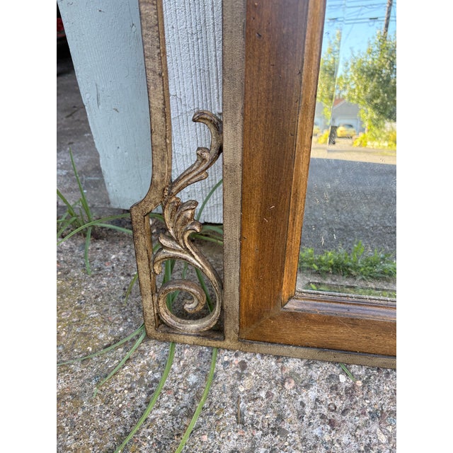 Brown Large Vintage Mediterranean Beveled Wood & Gilt Metal Scrollwork Mirror For Sale - Image 8 of 17