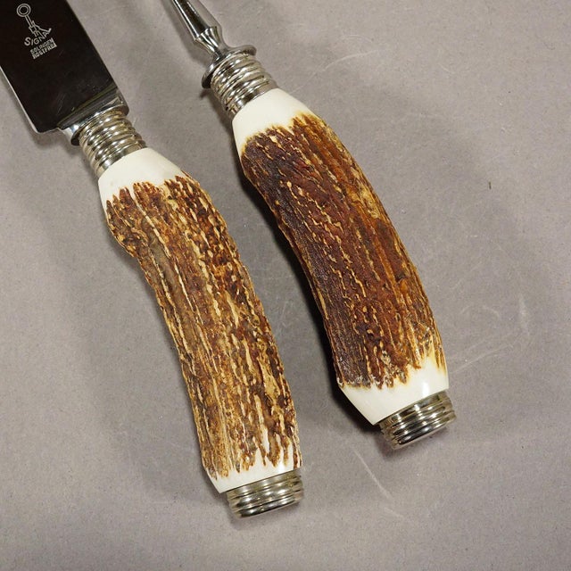 Vintage Stag Horn Carving Set Solingen, Germany For Sale - Image 4 of 7