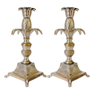 Vintage Hollywood Regency Silver Plated Brass Pineapple Candlesticks - A Pair For Sale