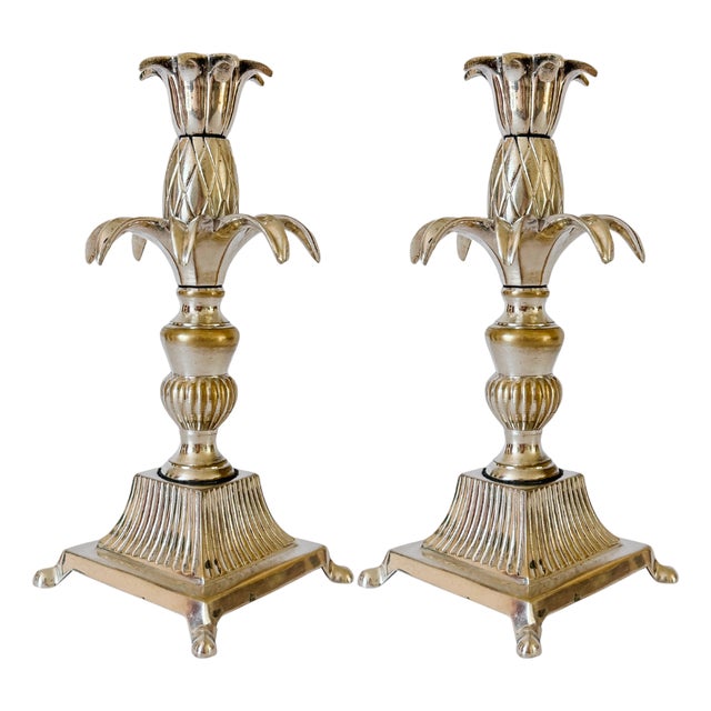 Vintage Hollywood Regency Silver Plated Brass Pineapple Candlesticks - A Pair For Sale