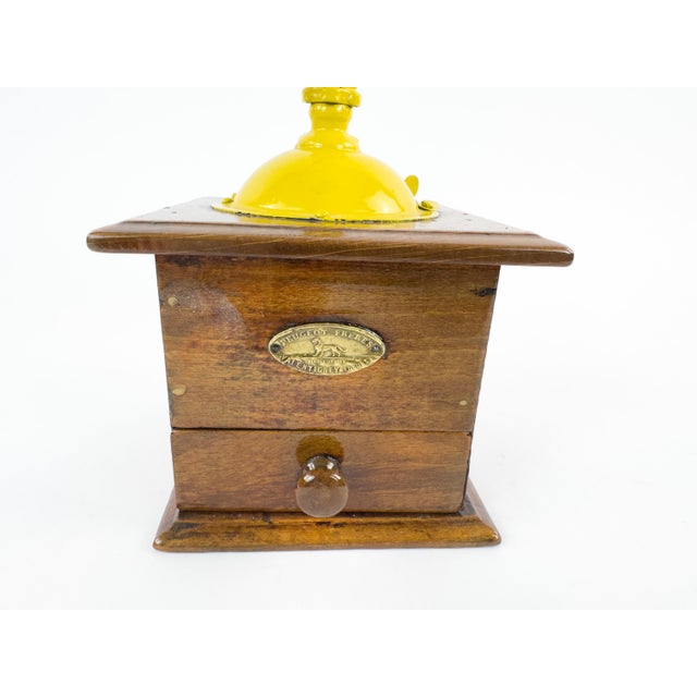 French Provincial Antique Peugeot Frères Wooden Coffee Grinder With Yellow Handle – Early 20th Century For Sale - Image 3 of 12