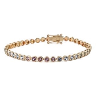 6.02ct Round Cut Multi Sapphire Bezel-Set Tennis Bracelet in 14k Yellow Gold For Sale