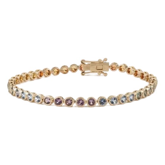 6.02ct Round Cut Multi Sapphire Bezel-Set Tennis Bracelet in 14k Yellow Gold For Sale