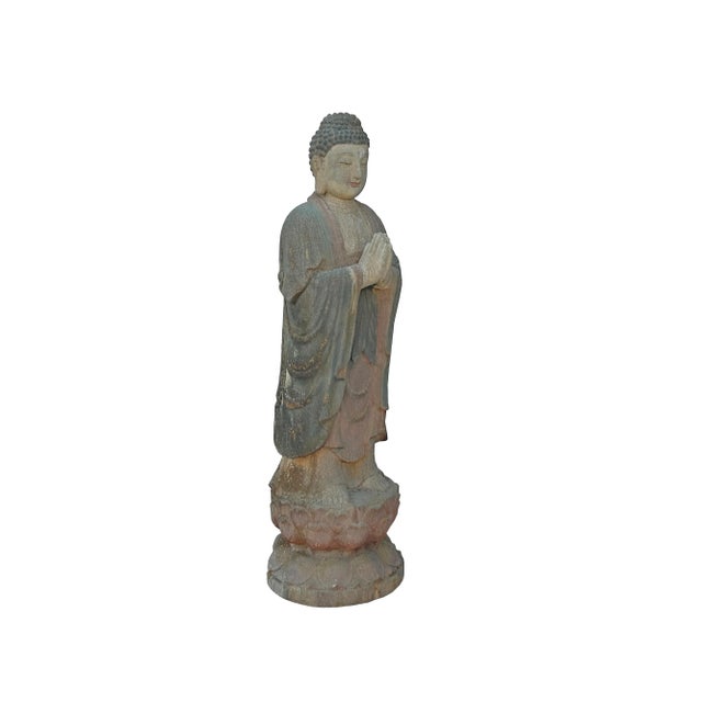 Rustic Vintage Rustic Wood Anjali Mudra Standing Buddha Amitabha Shakyamuni Statue For Sale - Image 3 of 7