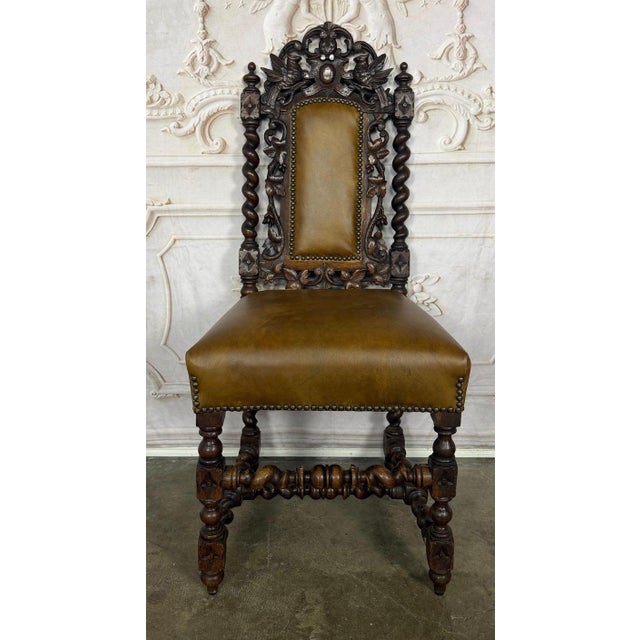 Set of 6 Antique Jacobean Hunt Chairs in Heavily Carved Oak With Cognac Leather For Sale In Los Angeles - Image 6 of 18