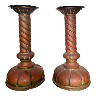 Antique Arts & Crafts Copper Weighted Candlestick Holders- a Pair For Sale