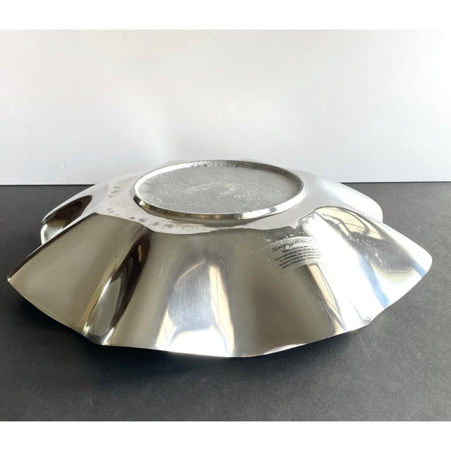 2000 - 2009 Contemporary Metal Ruffle Serving Bowl With Enameled Capiz Shell Style Motif - 16.25” For Sale - Image 5 of 8