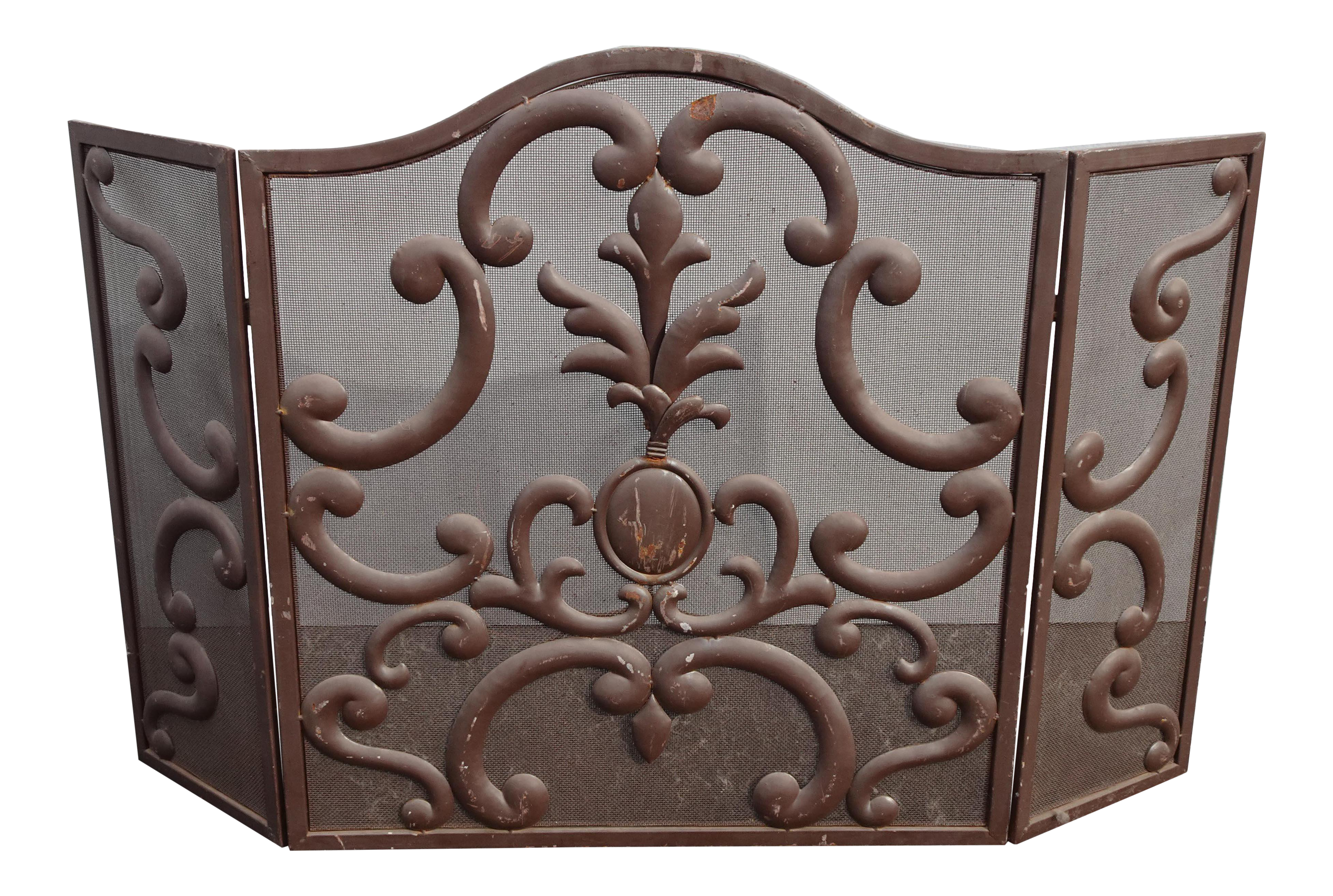 Vintage French Country Brown Three Panel Fireplace Screen with Scrolls & Flourishes - image 0