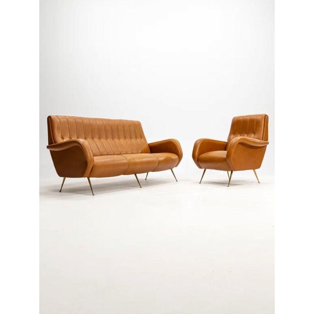 Three-Seater Sofa in Skai with Brass Feet in the style of Marco Zanuso,1950s For Sale - Image 11 of 12
