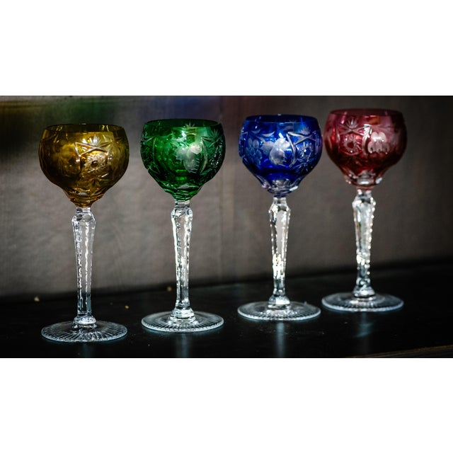 1970s Nachtmann Traube Cut to Color Crystal Wine Glasses Varied Colors - Set of Four For Sale - Image 4 of 5