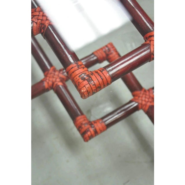 Vintage McGuire Red Rattan Bamboo and Brass Glass Top Square Coffee Table For Sale - Image 11 of 12