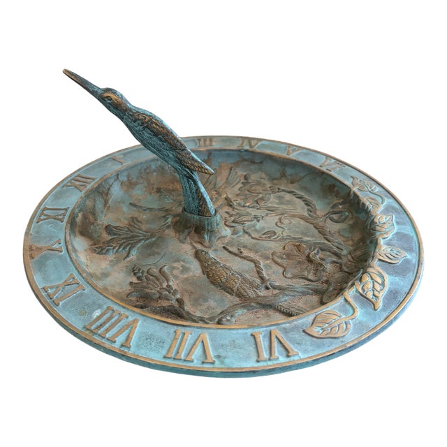 Vintage English Country Iron Verdigris Garden Sundial With Hummingbird For Sale