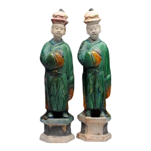 Tall Pair Antique Chinese Ming Style Glazed Pottery Tomb Figures of Grooms With Removable Heads