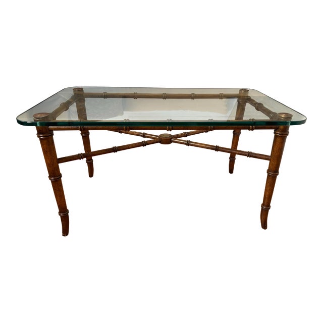Vintage Regency Faux Bamboo Brown Metal, Brass & Glass Coffee Table For Sale