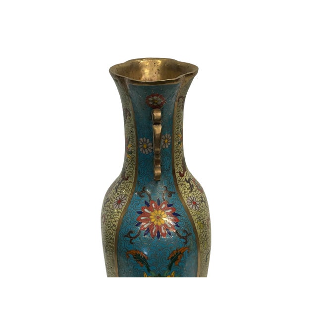 Vintage Cloisonné Vase Dragon Handles and Chinese Floral Motifs For Sale - Image 13 of 13