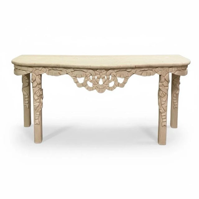 Wood Hollywood Regency Style Italian Carved Ribbon Mirror & Stone Console Table For Sale - Image 7 of 10