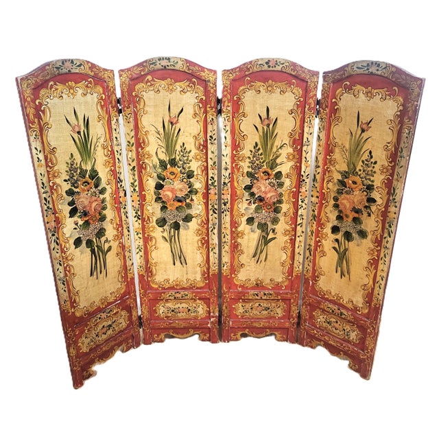Traditional Antique Italian Floral Scarlet & Black Venetian Painted 4 Panel Folding Screen For Sale - Image 3 of 15
