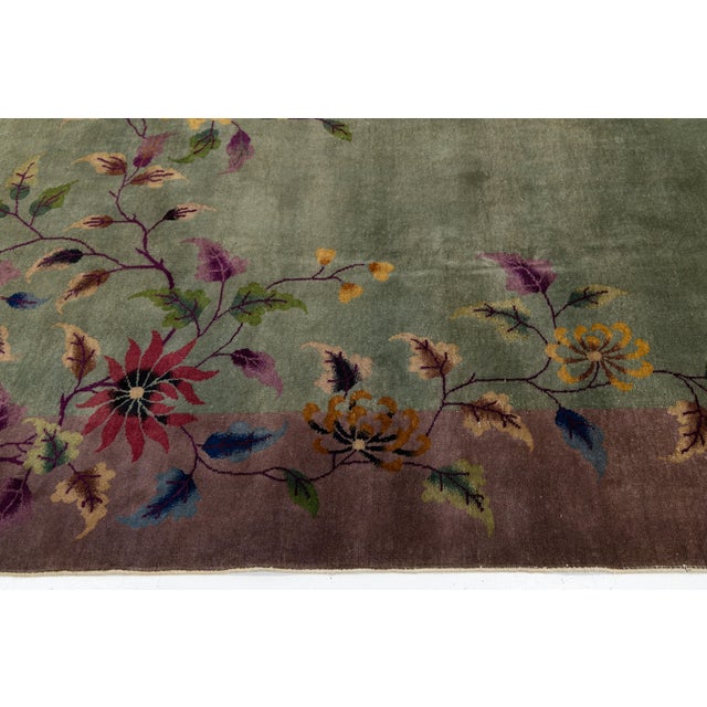 1920s Antique 1920s Art Deco Chinese Nichols Rug in Sage Green & Plum Floral Design For Sale - Image 5 of 12