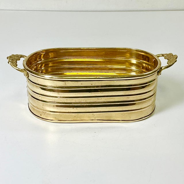 Brass Mid-Century Boho Chic Hollywood Regency Arts & Crafts Oval Bras Planter With Flora Cast Handles For Sale - Image 8 of 11