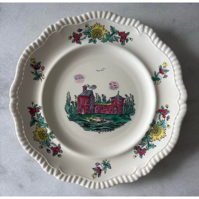 Set of 3 antique Copeland Spode polychrome transferware plates featuring a hand painted scenic landscape and red building...