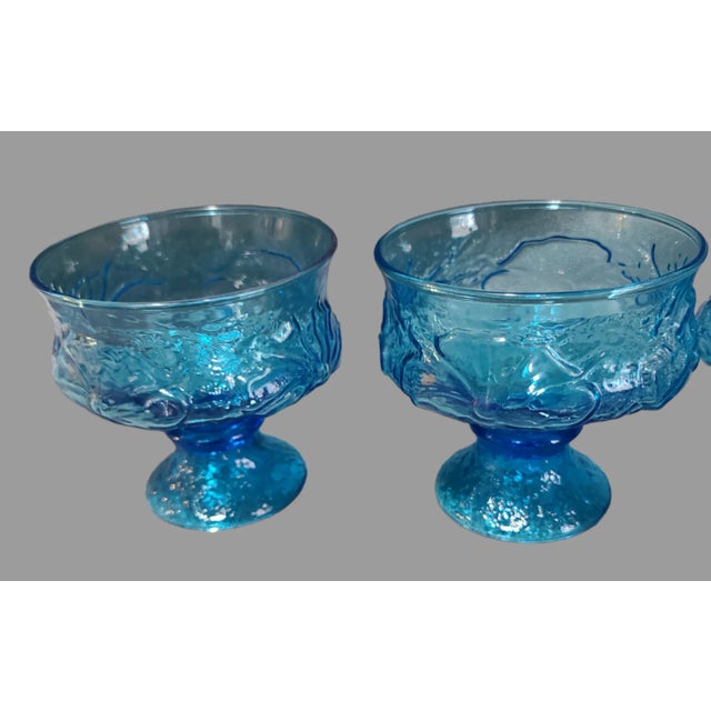 Mid 20th Century Vintage Set of 4 Anchor Hocking Rain Flower Ocean Blue Sherbet Dessert Compote Bowls For Sale - Image 5 of 5