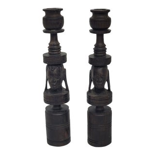 Vintage 1950s African Statue Candle Holder Sculpture Hand Carved Folk Art Black Ebony Wood - Set of 2 For Sale