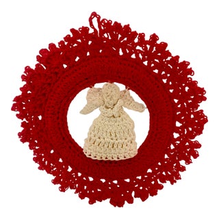 Vintage Crochet Angel Wreath Ornament Handmade Red White Lace Christmas Decor For Sale