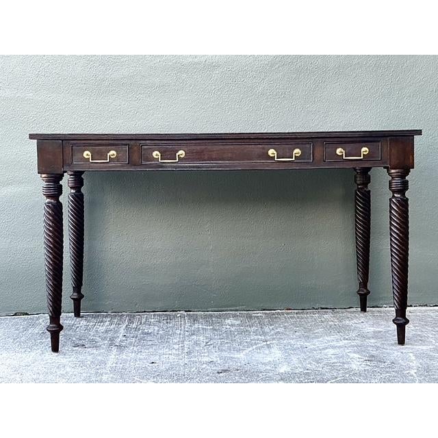 Mid 20th Century Vintage British Colonial Leather Top Writing Desk For Sale - Image 5 of 12