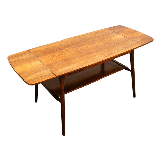 Mid Century Danish Modern Coffee Table Walnut Drop Leaf Shelf Vintage MCM For Sale