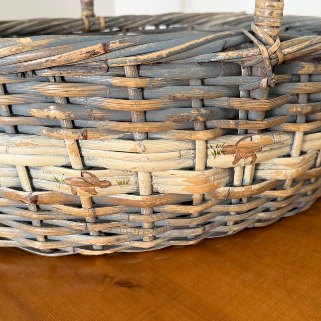Wood Vintage Gray Gathering Basket With Bunny Rabbit Motif For Sale - Image 7 of 11