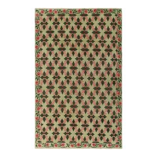 1960s Vintage Art Deco Rug in Green, Pink-Red Floral Pattern For Sale