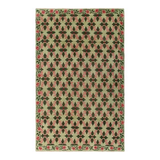 1960s Vintage Art Deco Rug in Green, Pink-Red Floral Pattern For Sale