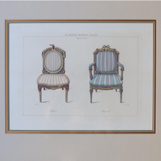 Vintage framed decorative print featuring two Louis XVI-style chairs after a French furniture design plate, with the...